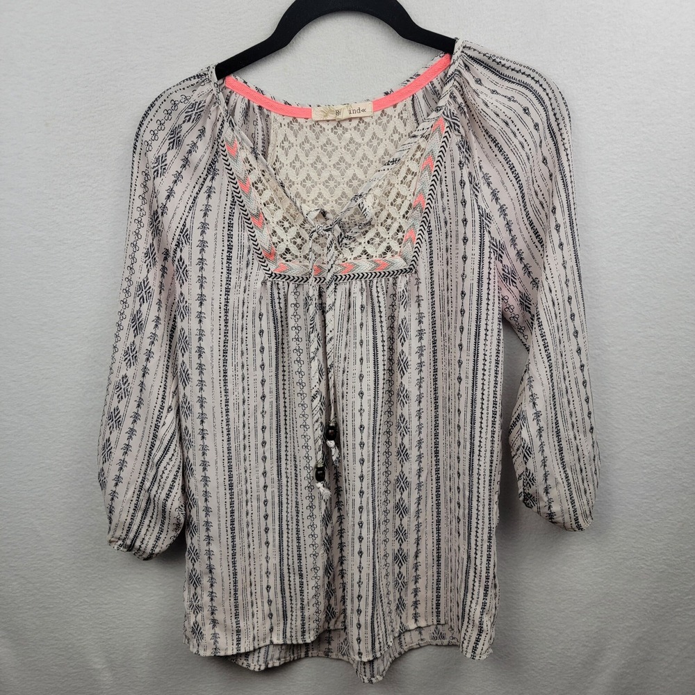 Rewind Sheer Black & White Blouse With Lace Floral Neck Line Size XS